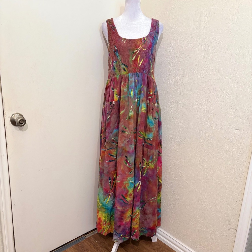 Lotus Traders Tie Dye Dragonfly Fairycore Rainbow Boho Artsy Maxi Dress Brown